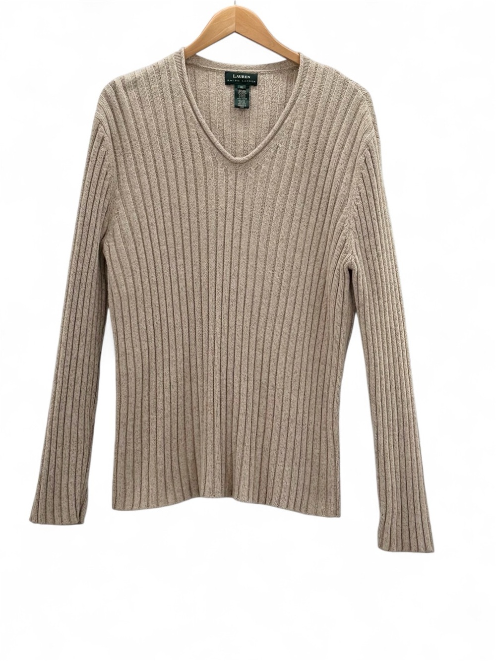 Lauren Ralph Lauren XL Silk Linen Cotton Ribbed Knit V Neck Sweater Beige Tan